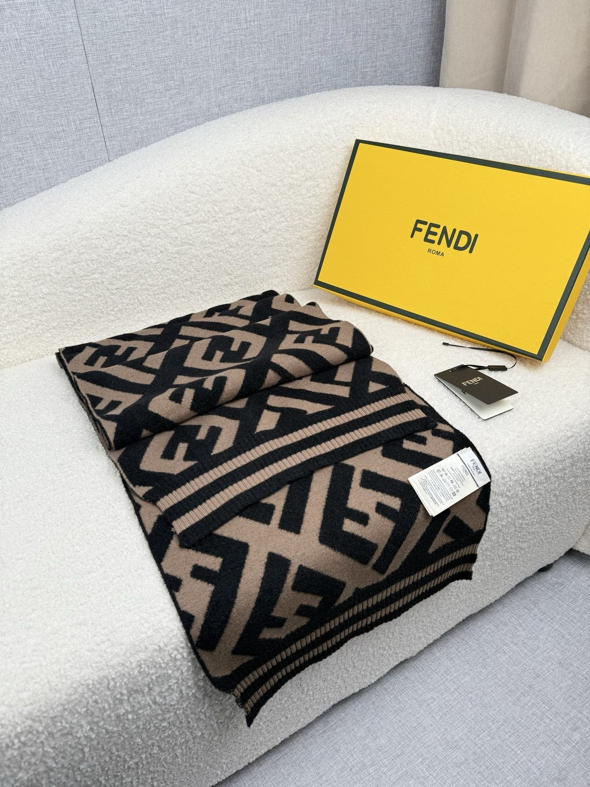 Fendi Brown and Black Geometric Knit Scarf — front