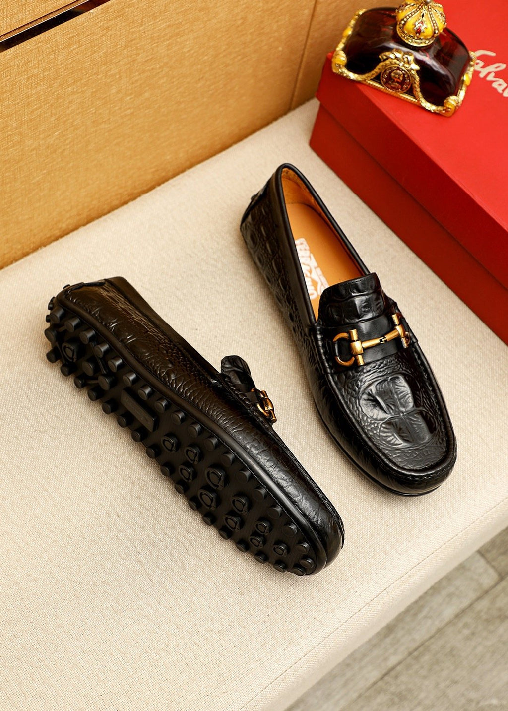 Ferragamo Black Embossed Leather Loafers — side