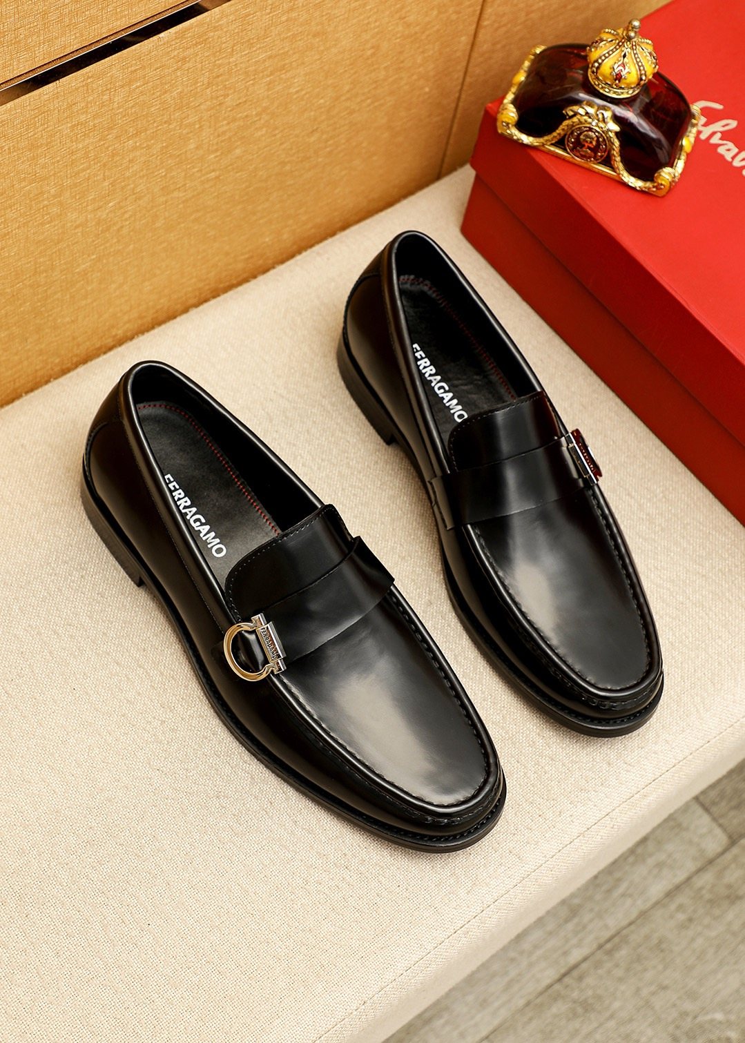 Ferragamo Black Buckle Loafers — front
