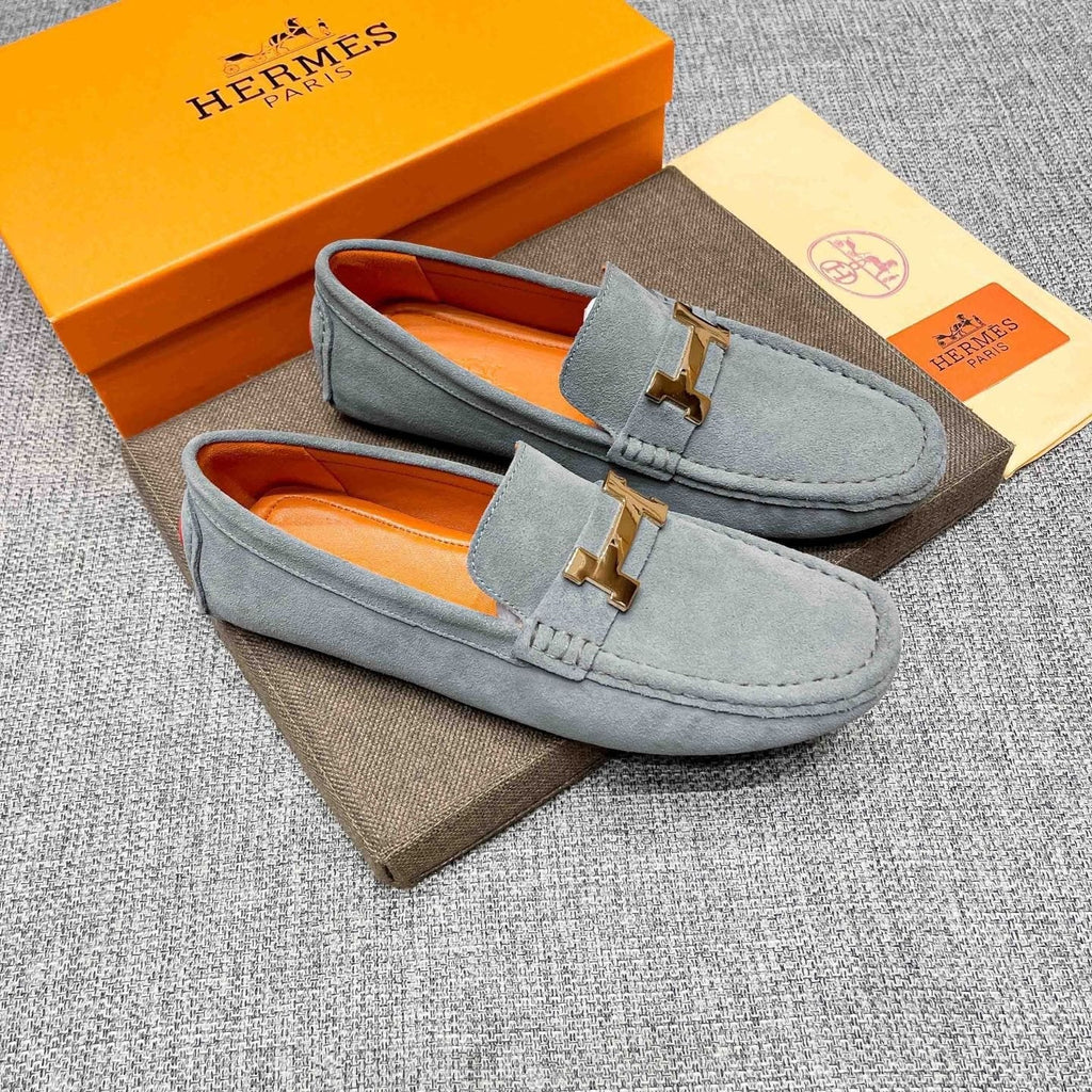 Hermès Light Gray Suede Driving Loafers — hero