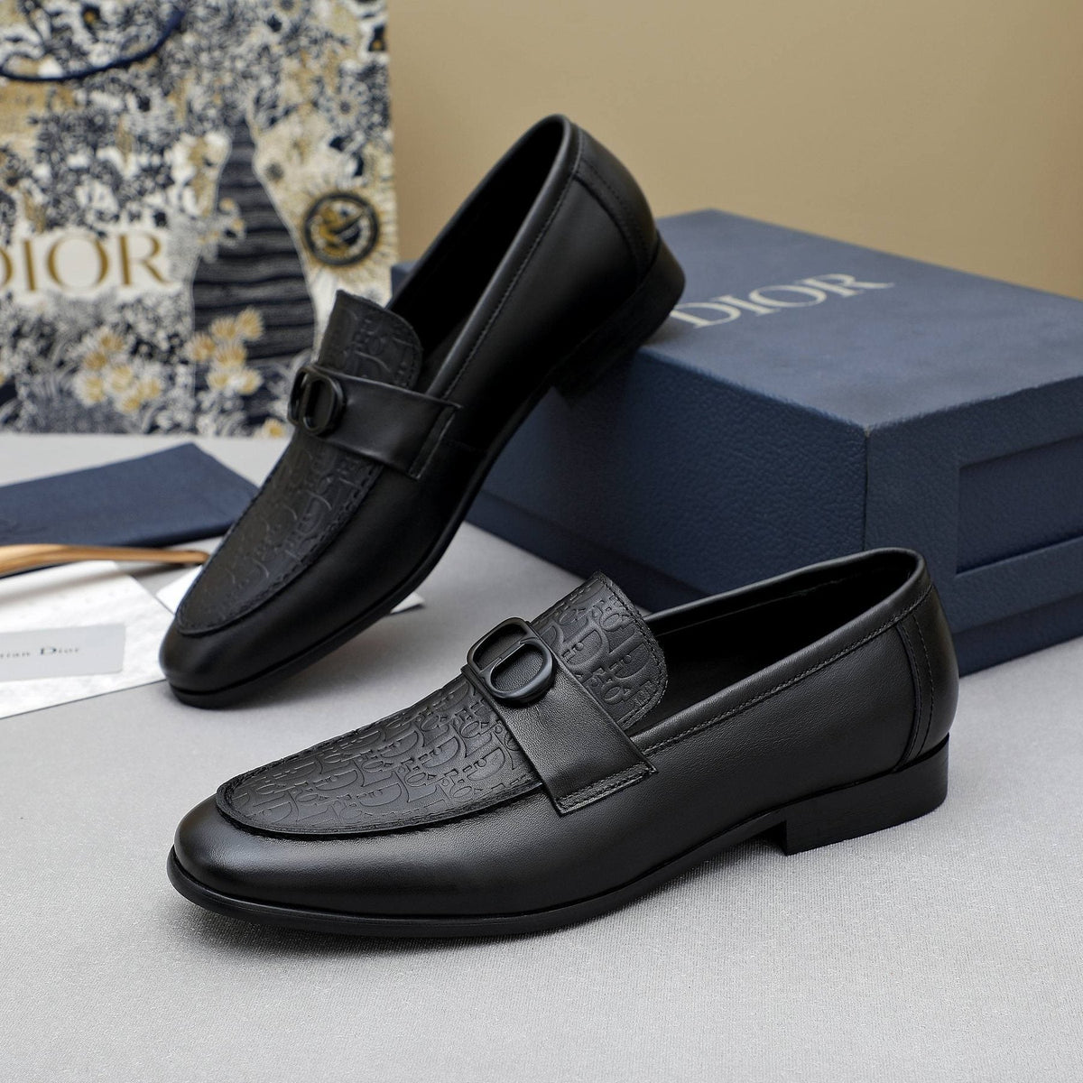 Dior Black Embossed Leather Loafers — front