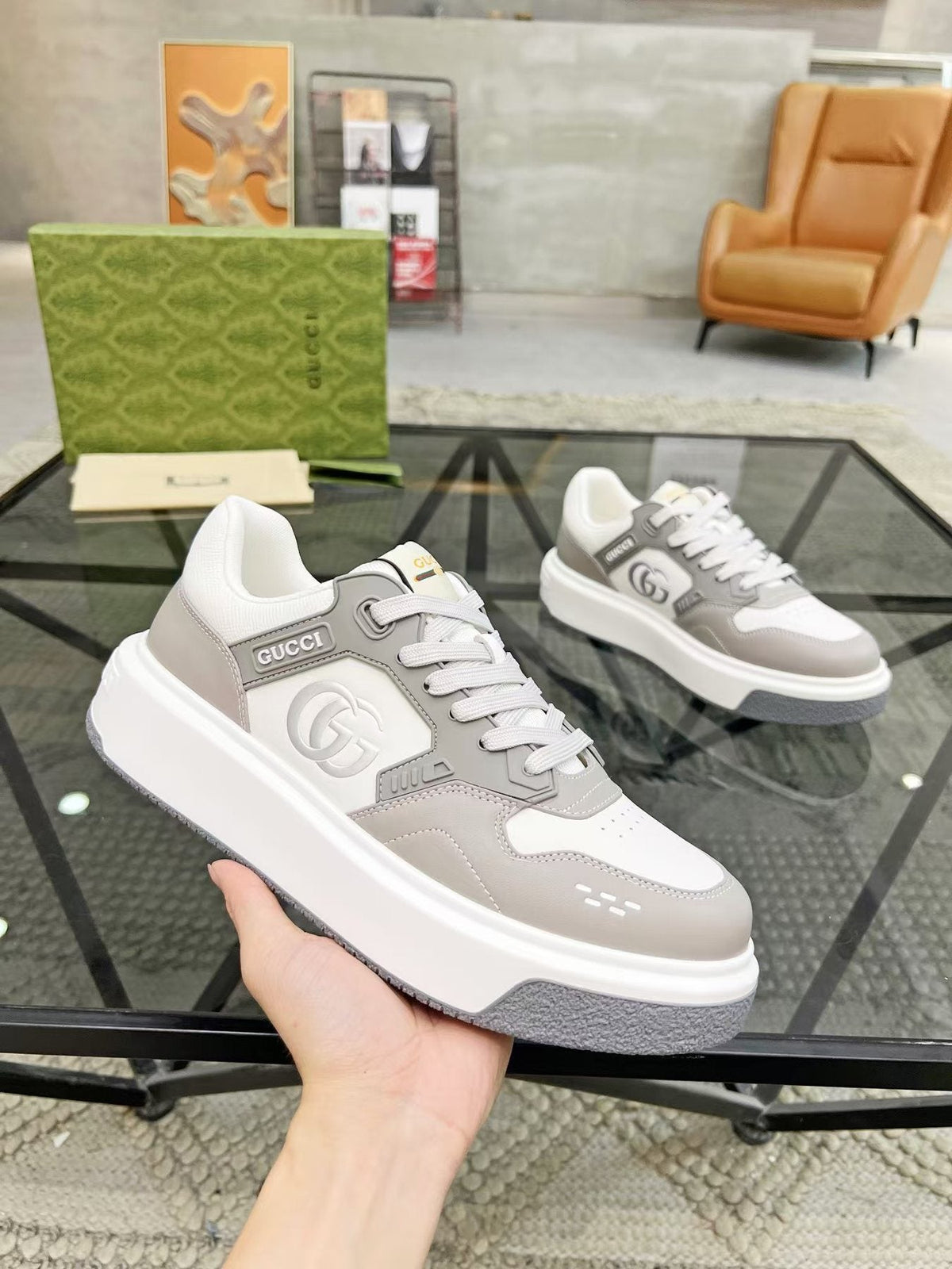 Gucci White and Light Gray Low-Top Sneakers — side