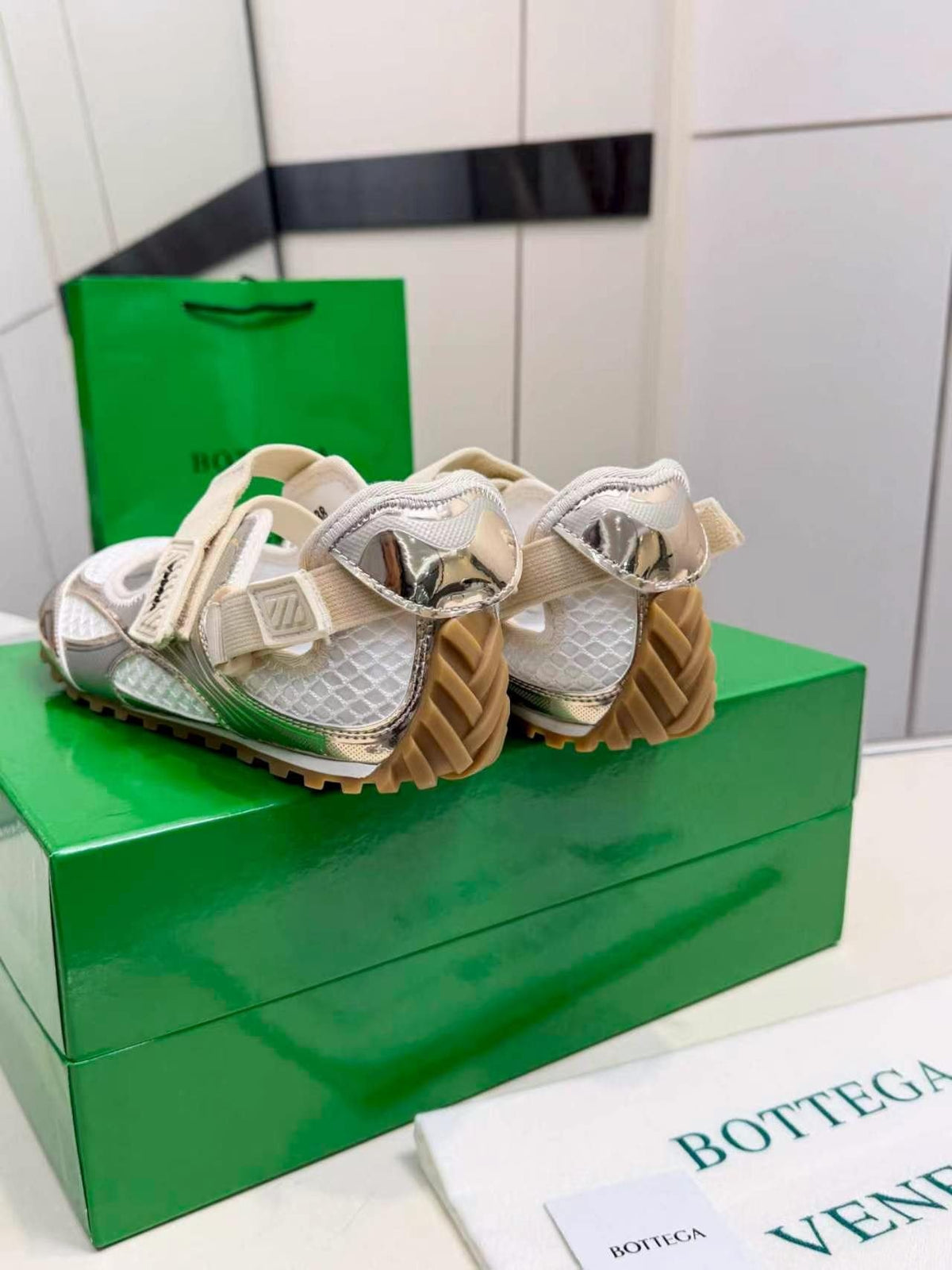 Bottega Veneta White & Silver Strap Low-Top Sneakers — back
