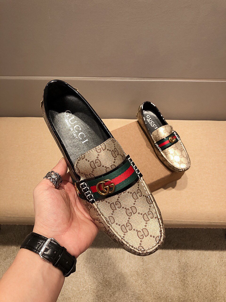 Gucci Beige Web Loafers — model