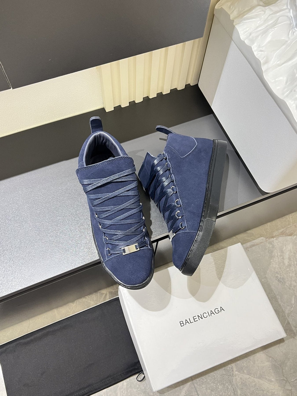 Balenciaga Navy Blue Lace-Up High-Top Sneakers — front