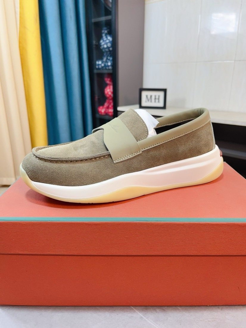 Loro Piana Navy Blue Contrast-Strap Loafers — side
