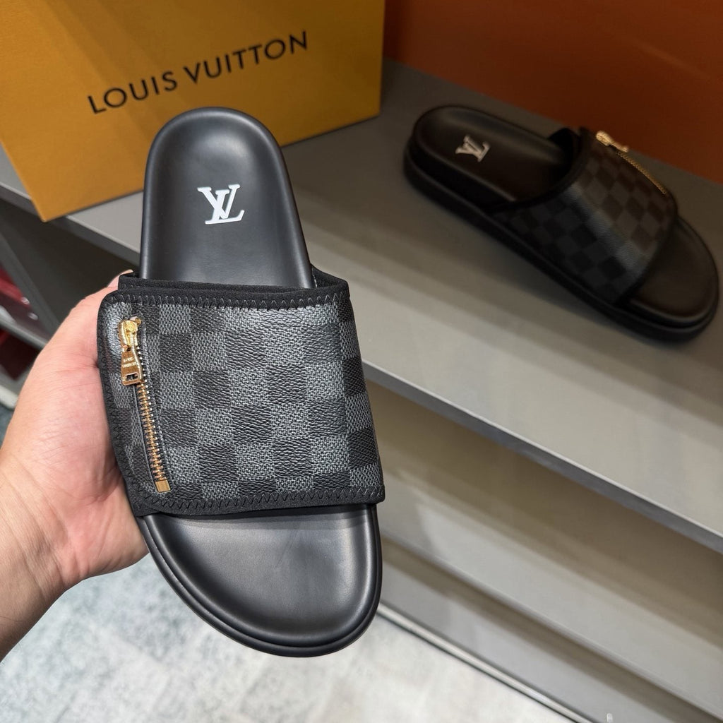 Louis Vuitton Checkered Zipper Slide Sandals — front