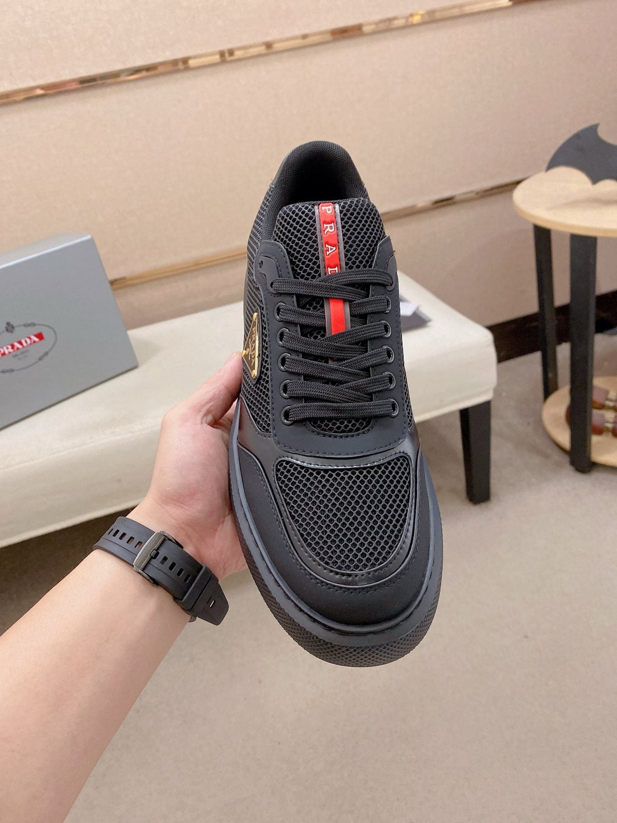 Prada White Red Accent Low-Top Sneakers — front