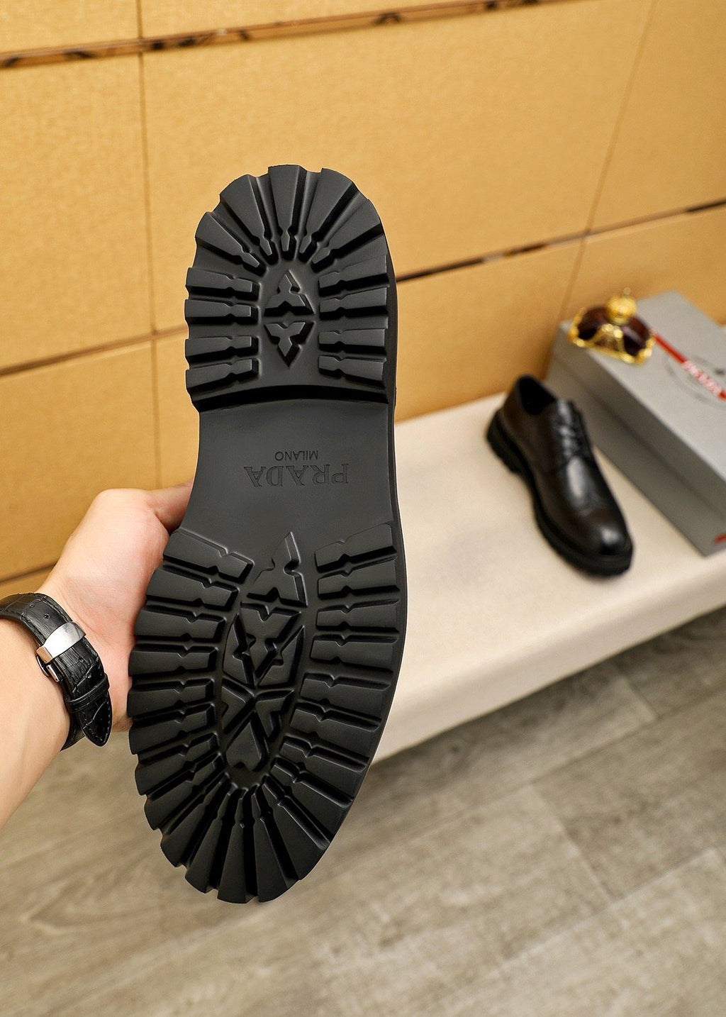Prada Brogue Lug-Sole Derby Shoes — detail