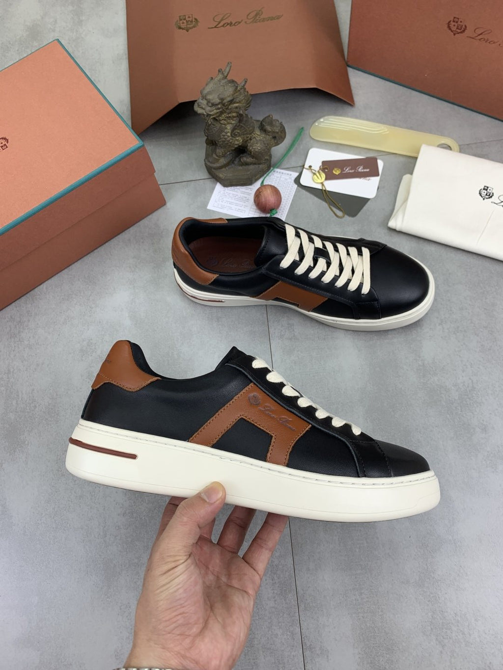Loro Piana Black and Brown Low-Top Sneakers — side