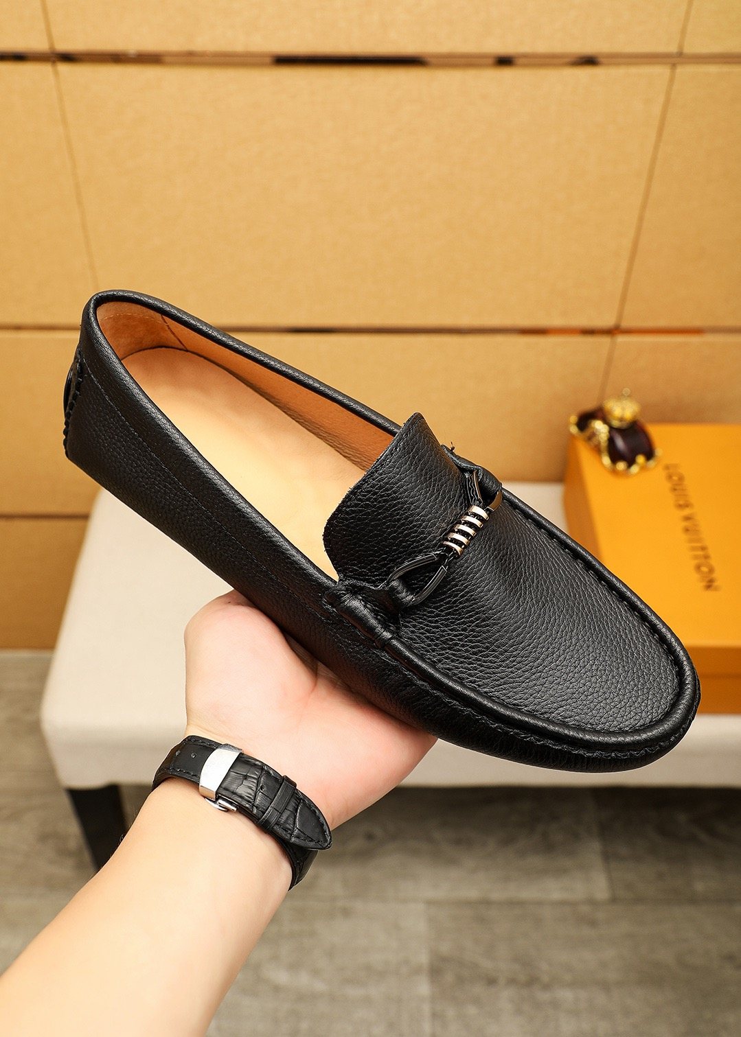 Louis Vuitton Pebble-Grain Bit Loafers — model